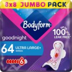 Bodyform Ultra Goodnight Sanitary Towels with Wings, 64 (8 x 8 Packs) Period Pads for Night use, SecureFit Leakage Protection, Ultra-Breathable Top Layer