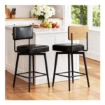 BonVache Swivel Counter Stools, 2-Pack, Black Leather with Back