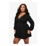 Boohoo plus Wrap Tie Belt Skater Dress – Black
