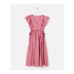 Burgundy & Pink Striped Tie Waist Cotton Midi Dress