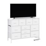 CAIYUN 11-Drawer Fabric TV Stand Chest with Power Outlet, White