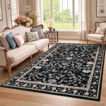 CAROMIO Floral Living Room Rug 160×230 cm Washable Low Pile Non-Slip Black