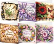 CAYUDEN Diamond Painting Birthday Cards, 6 Packs Flower Happy Birthday Diamond Painting Cards DIY Handmade Diamond Art Painting Greeting Card with Envelope Gem Art Cards for Friends, Family, Lovers