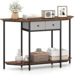 COSTWAY 130cm Long Console Table, Industrial Accent Entryway Table Hall Desk with 2 Drawers and Storage Shelf, Metal Frame Sofa Side Behind Couch Tables for Hallway Foyer Living Room, Rustic Brown