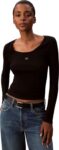 Calvin Klein Womens Long Sleeve Woven Label Baby Rib Scoop Top