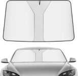 Car Windscreen Sun Shade Front Windshield Sunshade Foldable Sunshade Visor Cover Double Layer UV Protector Foldable Seamless Windshield Sunshade Cover with Storage Bag 140 x 70cm (Silver)