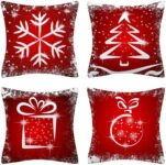 Christmas Cushion Covers Set of 4, Linen Christmas Decorative Pillow Covers-Square Pillowcase 45 x 45cm for Sofa Car Home Xmas DecorationsRed