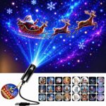 Christmas Projector Indoor, 360 Plug and Play Hd Christmas Scene Projector, with 6/24 Festive Projection Films, USB Halloween Projection Light for Wall, Ceiling, Party (24PCS-Christmas)