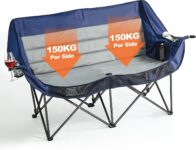Coolfish Double Camping Chair for Adults, Folding Padded Camping Sofa, Sturdy Heavy Duty Camping Chairs, Luxury Oversized Loveseat w/Cup Holder, Comfy Outdoor Fishing Chair w/Cooler Pocket, Blue