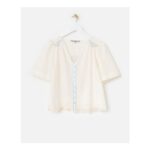 Cream & Blue Broderie V-Neck Cotton Blouse