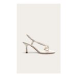 Cream PU Square Toe Bow Sling Back Mid-Heeled Sandals