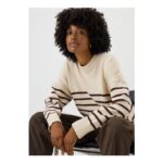 Cream Stripe Rib Hem Knitted Jumper Red XS