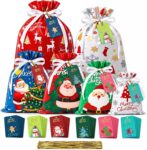 DMSELL 30Pcs Christmas Gift Bags with 30Pcs Tags, Foil Xmas Drawstring Bags