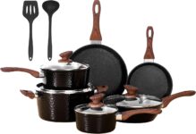 DishDelight 12pcs Induction Hob Pan Set Hammered Pots and Pans Sets Non Stick Saucepan Set Frying Pan Kitchen Cookware Cooking Pot with Lids