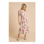 Dorothy Perkins Cream Floral Button Front Frill Puff Sleeve Midi Dress