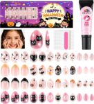 EBANKU Halloween Kid Press on Nails, 96 Pcs Almond Fake Nails Kit Full Cover Bat Pumpkin Wed Design Stick on Nail with Nail Glue for Girl