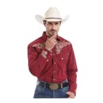 EL PIONERO Mens Western Shirt, Embroidered, Long Sleeve, Burgundy, XL