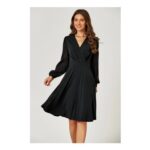 FS Collection Black V-Neck Midi Dress with Sheer Long Sleeves