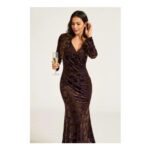 FS Collection Floral Velvet Devore Midi Dress – Dark Brown