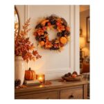 Festive 30cm Orange Flowers and Pumpkins Autumn Wreath