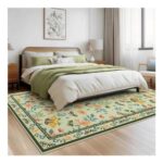 Floral Green Rug Washable Non-Slip Carpet for Living Room