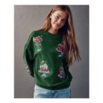 Forest Green Christmas Food Sequin Embroidered Long Sleeve Crew Neck