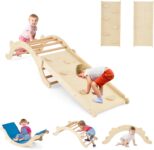 GYMAX 3 in 1 Kids Climbing Set, Indoor Climbing Arch with Reversible Ramp & Mat, Wooden Toddler Climber Frame for Playroom (Natural)
