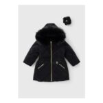Girls Black Padded Faux Fur Hood Coat & Scrunchie – 1-7 Years