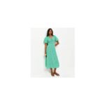 Green Crepe Ditsy Print Puff Sleeve Tie Front Midi Dress