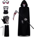 Grim Reaper Costume Kids Adult, Scary Halloween Costumes, 5Pcs Black Scary Halloween Costumes Set with Glowing Eyes Ghostface Mask, Cosplay Outfits for Kids Boys Adult Halloweens Costume Cosplay Party