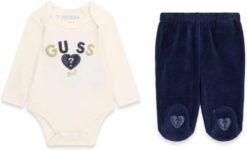 Guess Set Baby Girl Set Body Chenille Blue, 100% Cotton, Crew Neck, Long Sleeves, 0-3 Months & 12 Months