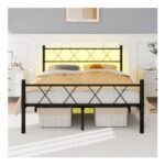 HOJINLINERO Double Bed Frame with Headboard and Charging Station Black