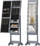 HOMCOM Freestanding Mirror Jewelry Cabinet with LED Lights, Grey