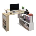 HOMCOM L-Shaped Corner Desk with Bookshelf, Natural/White