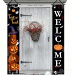 Halloween Door Decoration Banner Set, 2-Piece – Funny Horror Door Banner with Pumpkin Design for Outdoor & Indoor (180 x 30 cm) – UV-Resistant, Water-Protected for Garden, Party, Porch