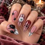 Halloween Press On Nails, 30-Piece 3D Almond Tips, Blush Pink And Red