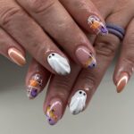 Halloween Press On Nails Short Almond, 24Pcs 3D Ghost French Tip Nails Oval