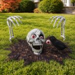 Halloween Skeleton Decorations Garden Outdoor – 8 Piece Skull Arms Crow Set