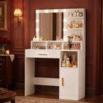 HaluPeit Dressing Table with Mirror and 10 Bulb Lights with 3 Shelves & 4 Open Compartments (with voucher)