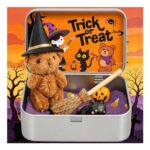 Handmade Halloween Witch Bear in Box with Pumpkin and Cat