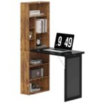 Homcom Computer Desk Fold-Out Blackboard, Rustic Brown Space Saving Study Table,Floating Writing Desk,Adjustable Shelf, 9 Open Compartments
