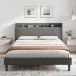 IRONCK 5ft King Size Bed Frame with Charging Station, Bed Frame King with Upholstered Storage Headboard, Sturdy Wooden Slat Support, No Box Spring Needed, Grey 150X200 cm