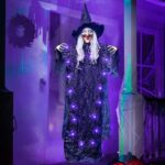 JOYIN 72 Halloween Decorations Indoor Hanging Talking Witch Decor, Light Up Ghost with Purple Eyes Sound Activation Haunted House Party Supplies Prop