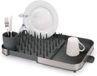 Joseph Joseph Duo Expanding Dish Drainer Rack with Removable Cutlery Holder, Draining Spout, Stainless-steel/Grey