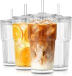 KEMORELA 4-Pack 600ml Leakproof Ribbed Glass Cups with Lids & Glass Straws