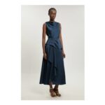Karen Millen Textured Satin Ruffle Detail Sleeveless Midi Dress