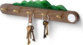 Key Holder for Wall, Wooden Key Holder with 5 Brass Hooks and Green Cloud Acrylic Design – Solid Wood Wall Mounted Key Shelf, Includes Adhesive & Screws for Easy Installation