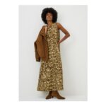 Khaki Deer Print Trapeze Midaxi Dress