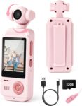 Kids Digital Camera, Handheld Vlogging Camera, Rotatable Len, Pink
