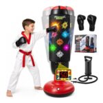 Kids Punching Bag with Mat, Gloves, LED Lights, 5 Modes